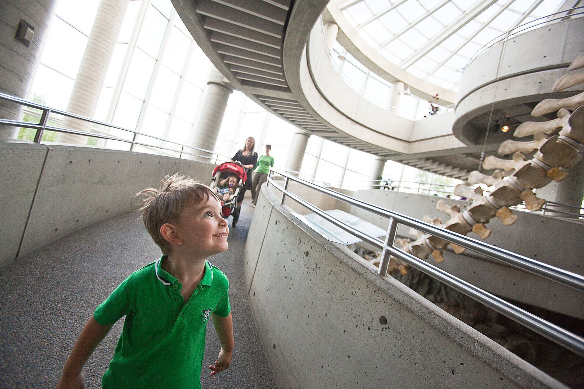 A kid is running down the ramp at the Sudbury Science North next to a dinosaur skeleton.